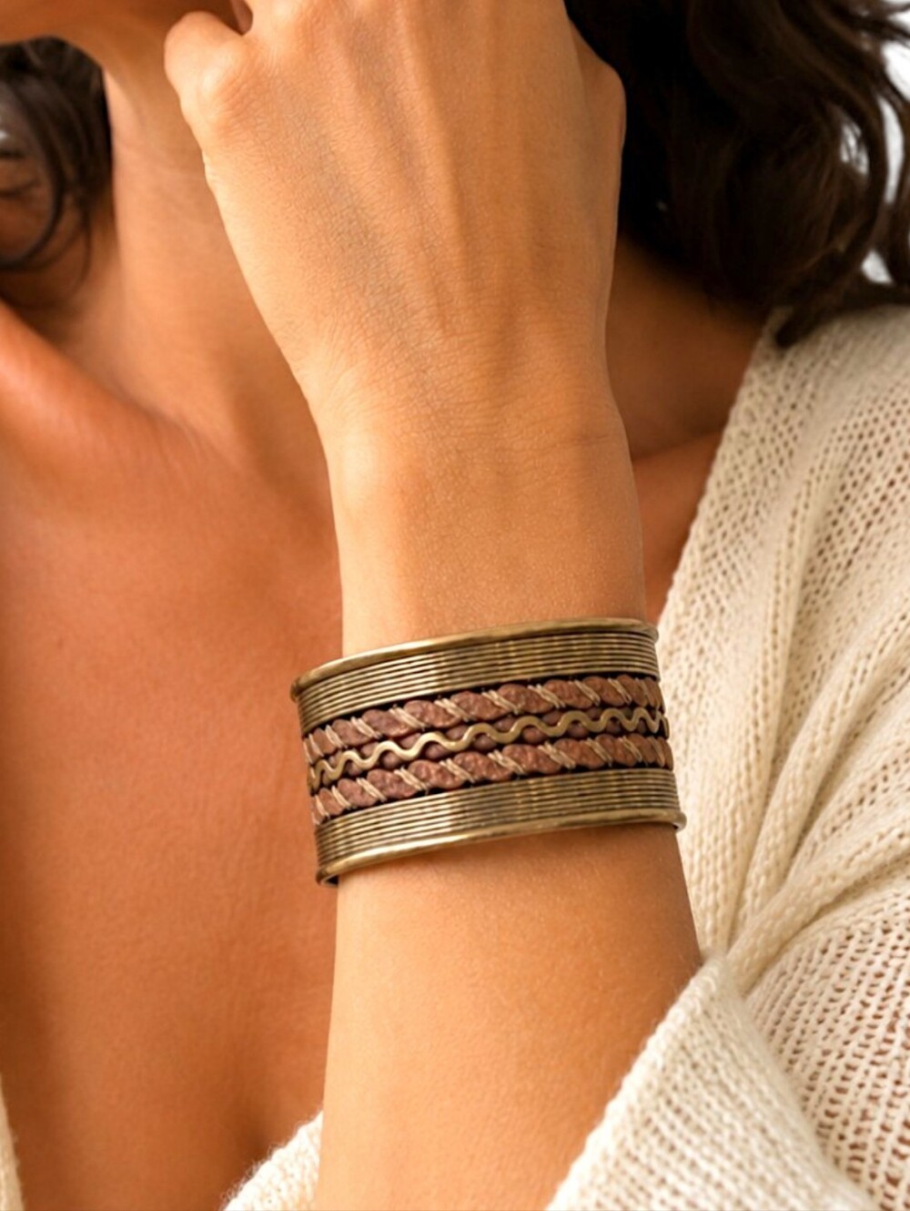 Vintage Brass Copper Woven Cuff Bangle Bracelet Wide Boho‎ Southwestern Artisan